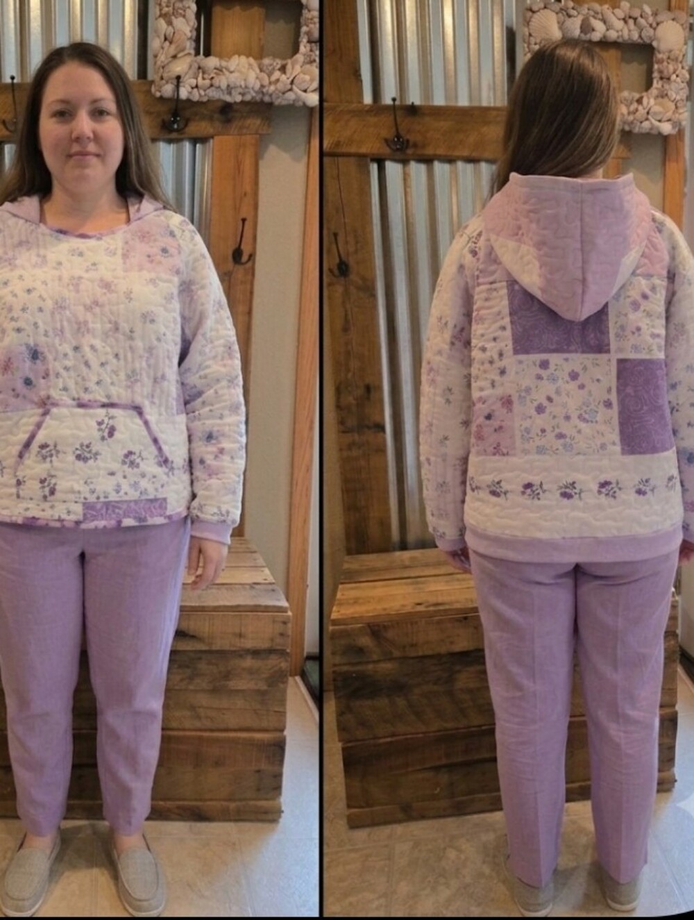 Upcycled Quilt Blanket Hoodie XL-1X Lavender Floral Handmade Dont Throw It Out